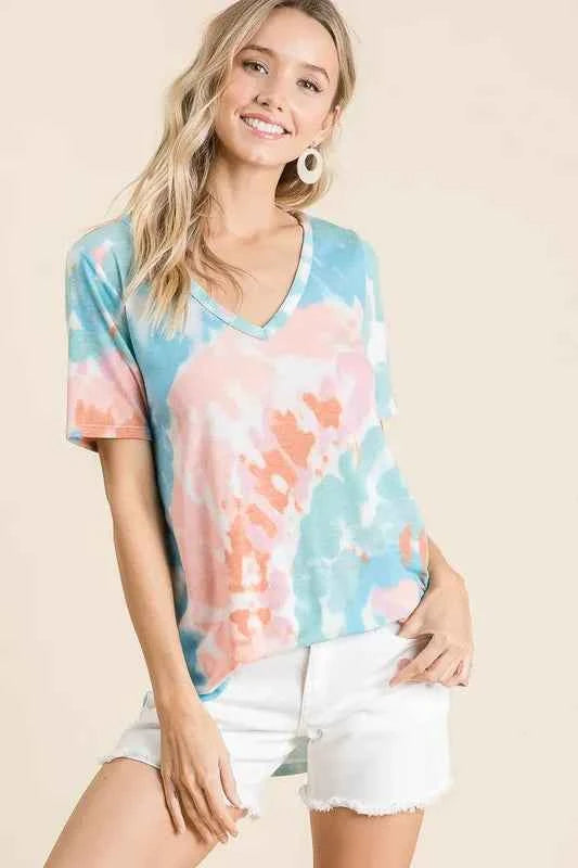 BiBi Circular Tie Dye Print V Neck Top PINK MINT e350457be76744a4962840f68f63e5b5-Max-Origin