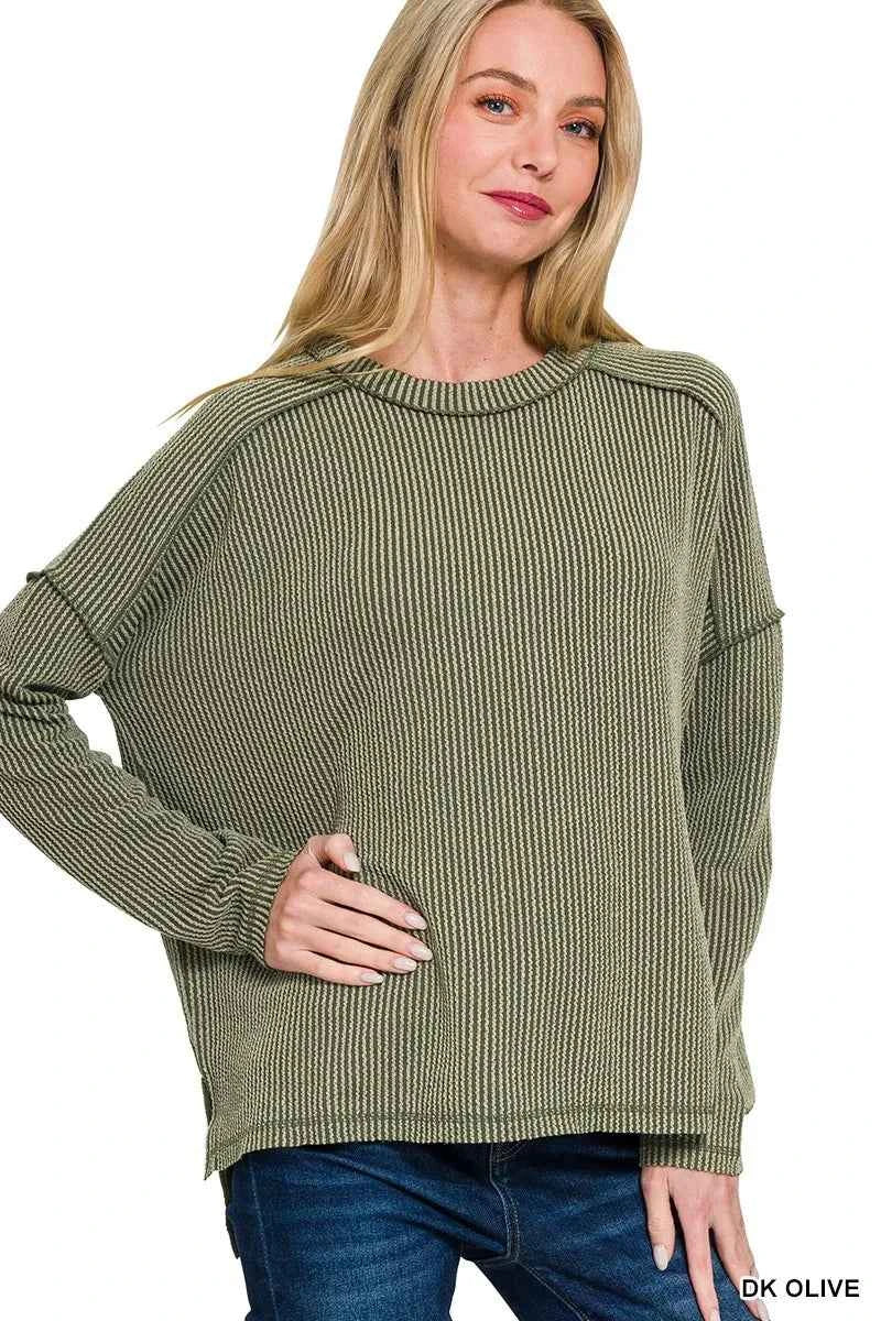 Full Size Exposed Seam Long Sleeve Corded Rib Knit Top Plus Size DK OLIVE e350f1a72fd341fe8467cbb27c41d13d-Max-Origin