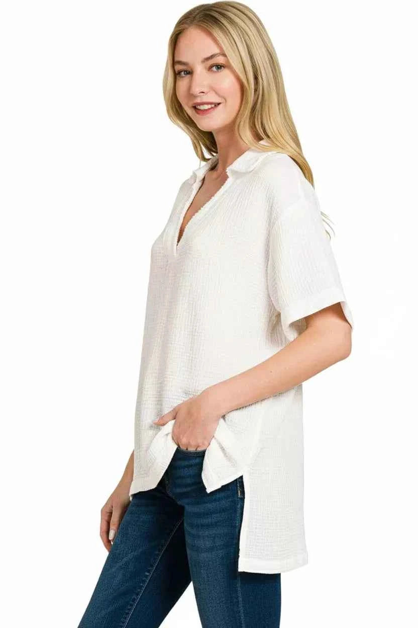 Zenana Double Gauze Short Sleeve High-Low Top e354220f-5ac2-4003-87a3-2d7ba0df3a3e-Max-Origin