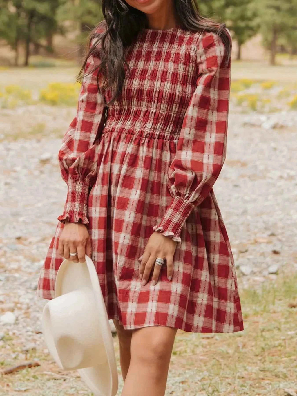 Plaid Smocked Long Sleeve Mini Dress Deep Rose e3569f90-f3f2-4fae-9c04-839a93f9bee9-Max-Origin