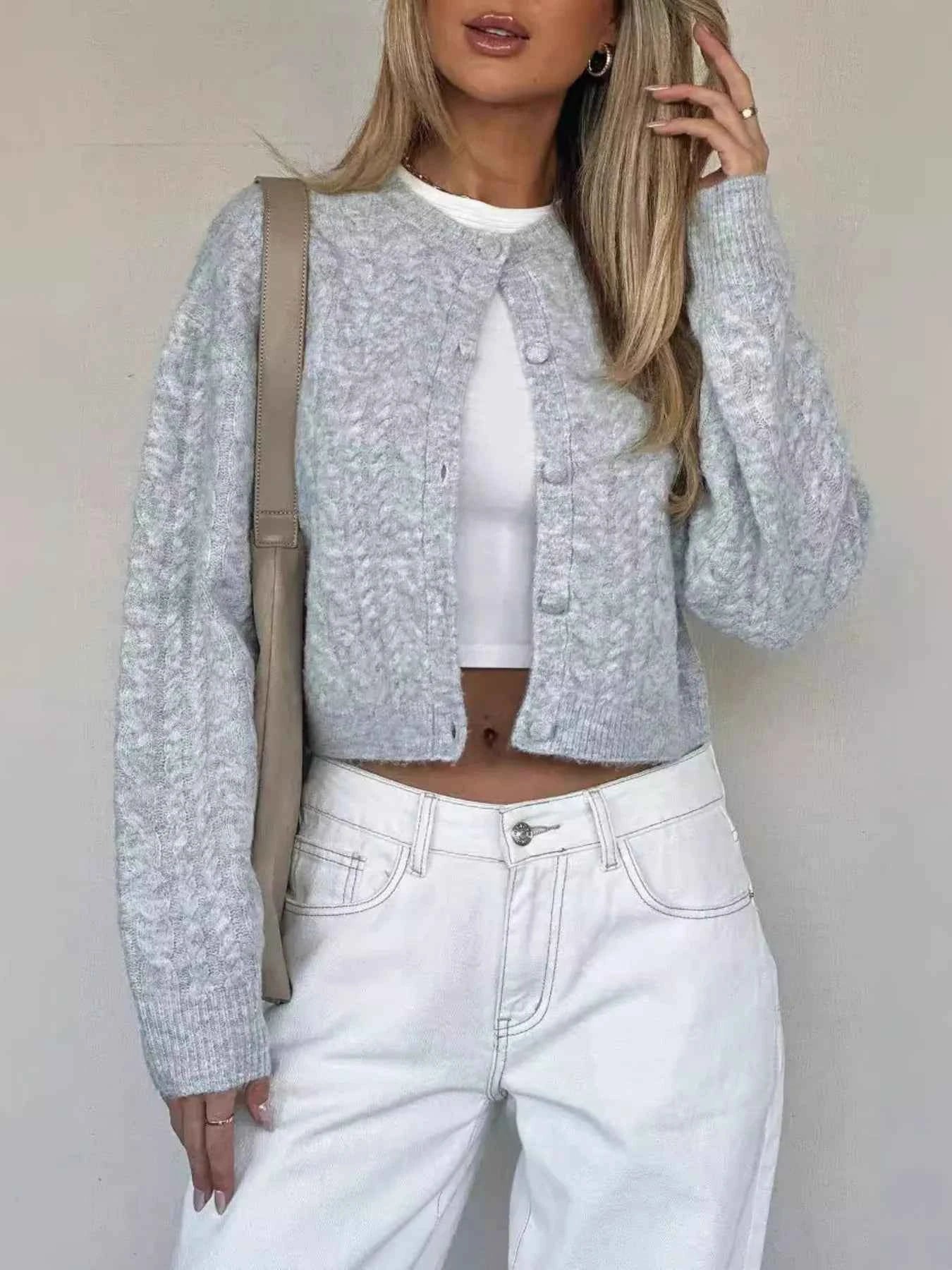 Cable Knit Button-Up Cardigan Gray e35848760eca4a44a1d1a96c6b2184fe-Max-Origin