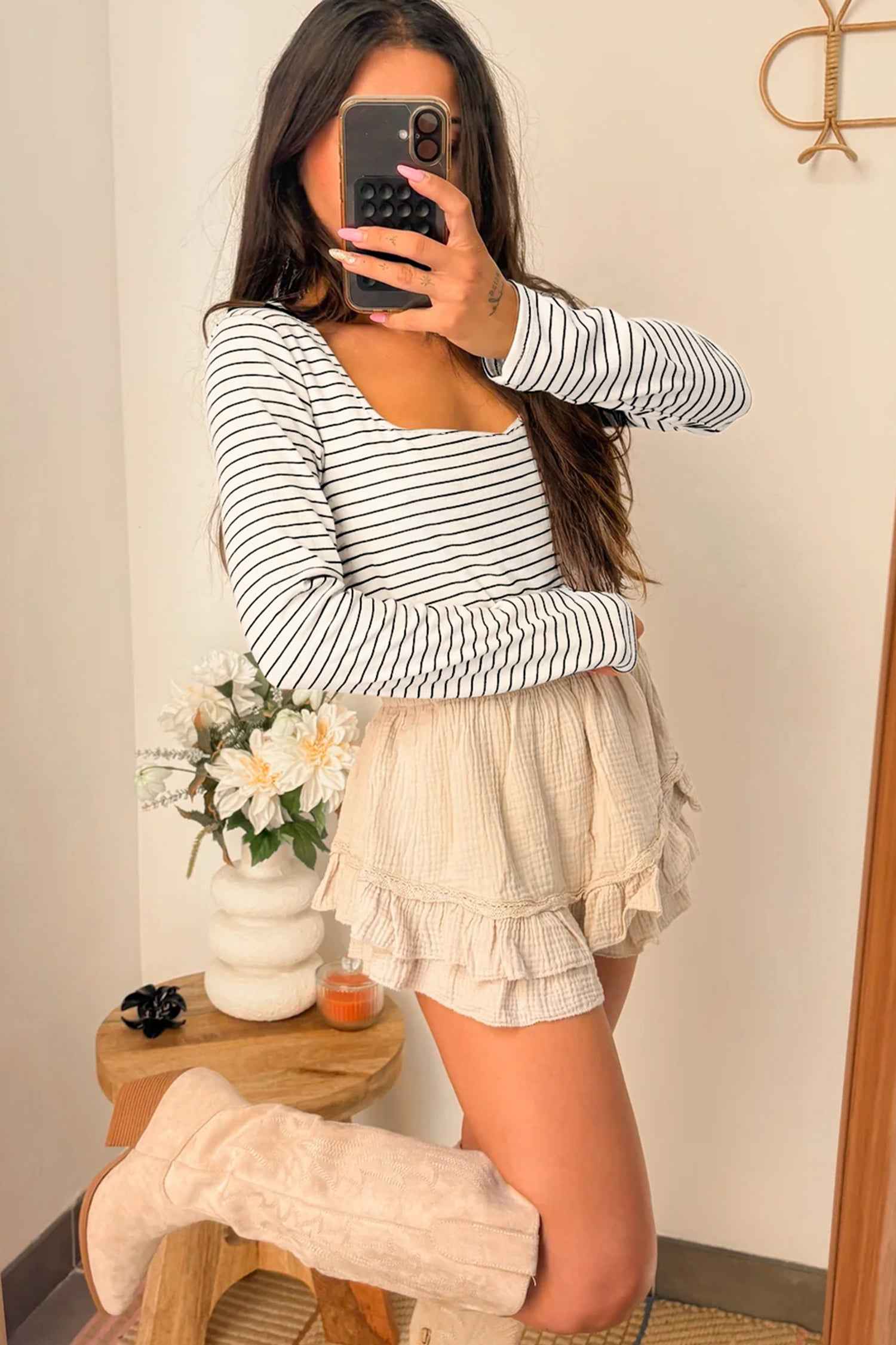 Brown Stripe Square Neck Long Sleeve Top e359eb93b41a5e54