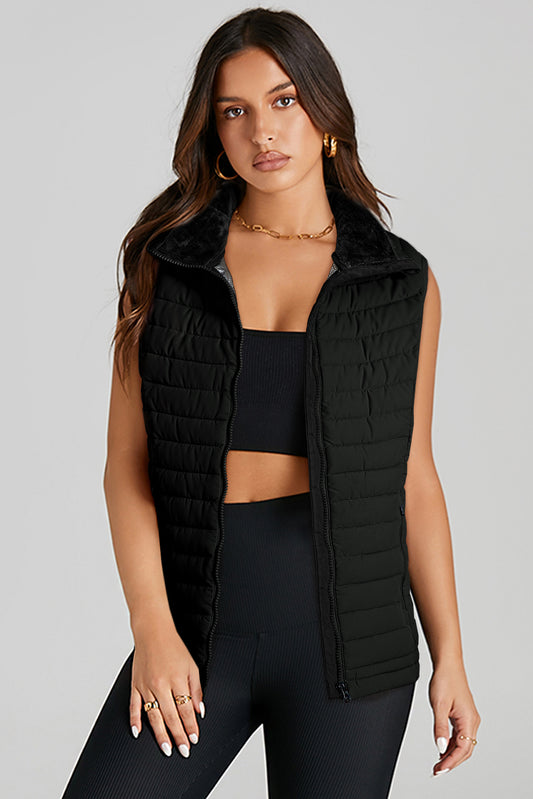 Black Plush Collared Quilted Zipped Puffer Vest e35df5a3edee5120