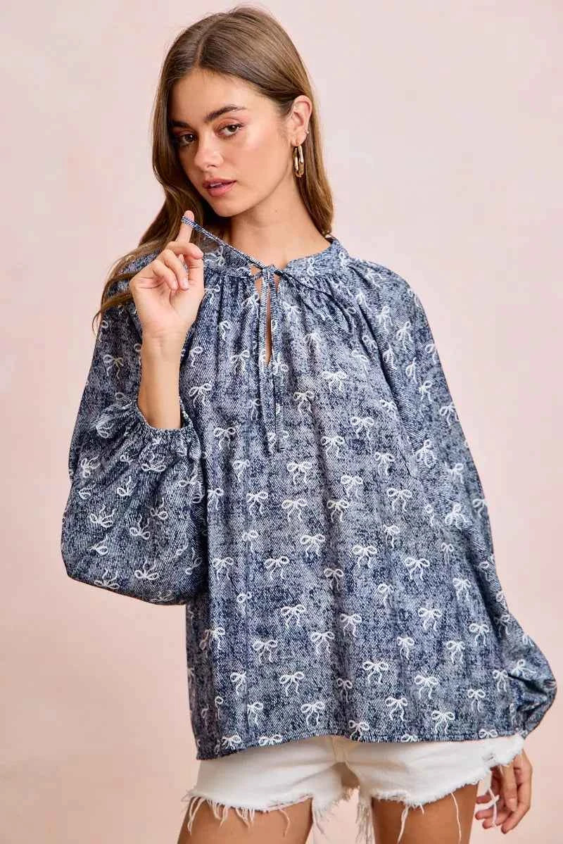 BiBi Ribbon Bow Print Exaggerated Balloon Sleeves Top NAVY WHITE BOW e3614574d8124ff48195e4c8576a6f02-Max-Origin