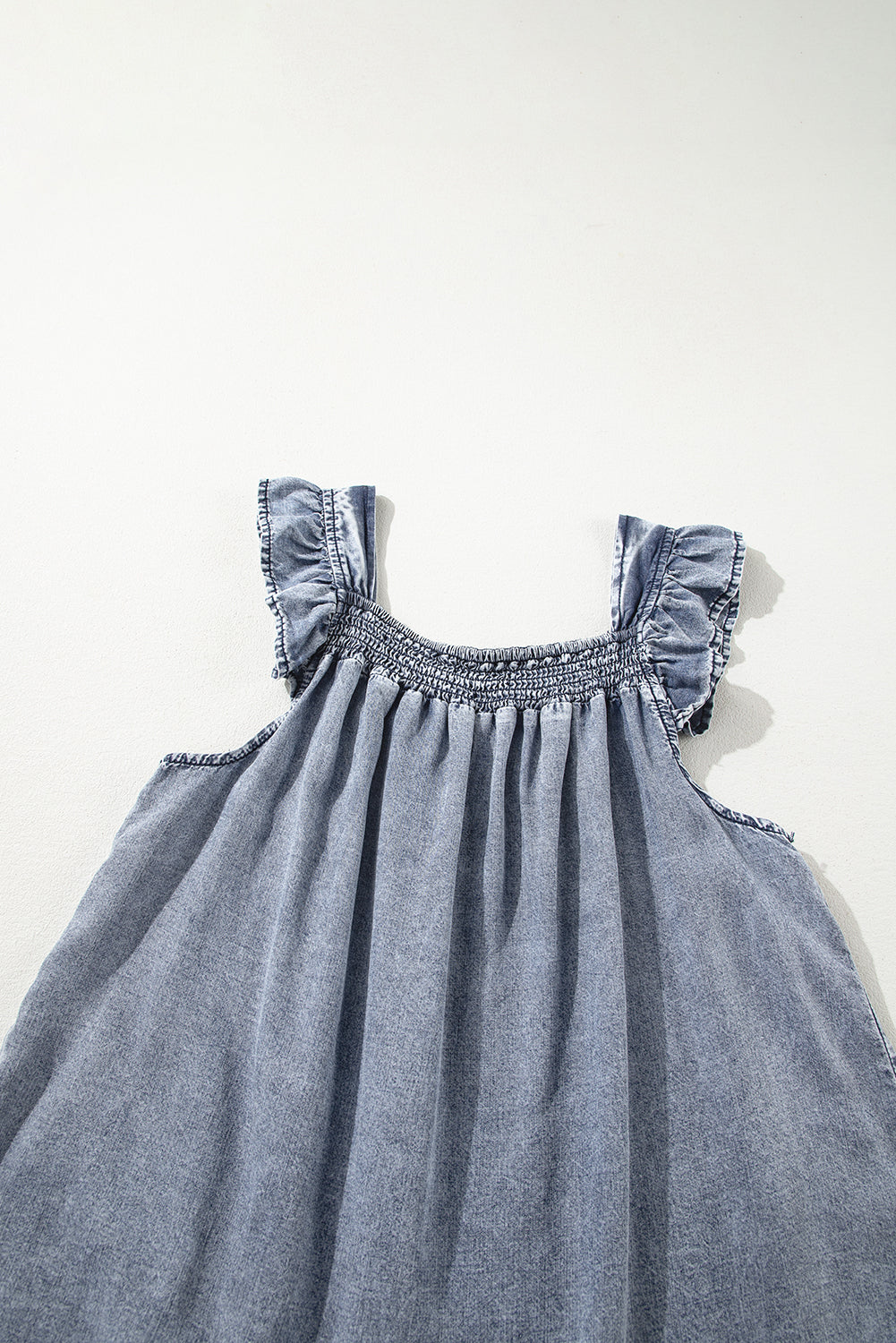 Ashleigh Blue Smocked Neck Frill Denim Sleeveless Top e3670a9a5bc88aff