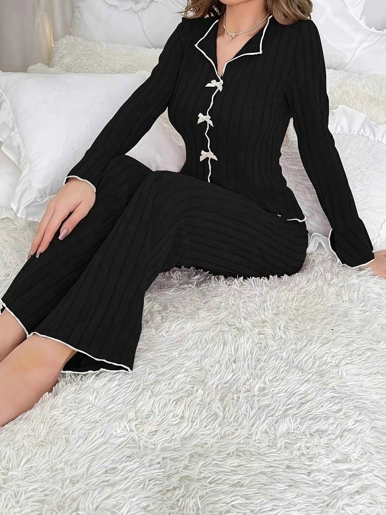 Ribbed Bow Front Top and Pants Lounge Set Black e367642e-b9f0-41d7-8be7-91932a8fb2c0-Max-Origin