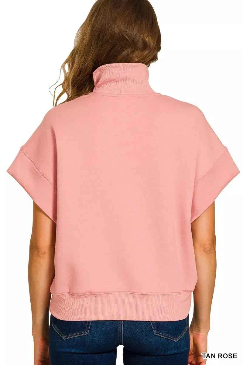 Zenana Full Size Scuba High Neck Half Zip Short Sleeve Top Plus Size e36acb7454e34ded891be4f4583c7353-Max-Origin