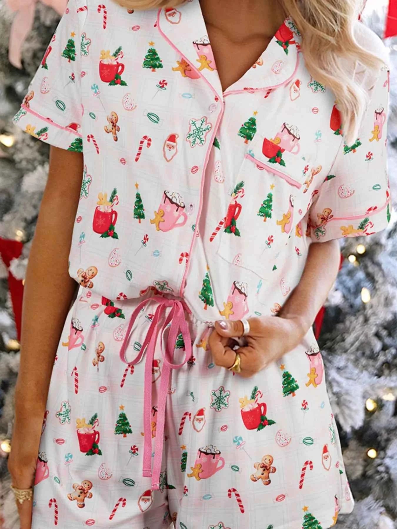 Christmas Print Button Up Top and Shorts Lounge Set White e36b4ef8-2475-416d-aceb-ef5ab40b2b8c-Max-Origin
