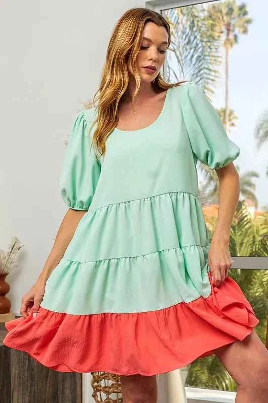 BiBi Two-Tone Balloon Sleeves U Neck Tiered Ruffle Hem Mini Dress e375cf7385f446f785cca233cf49ec59-Max-Origin
