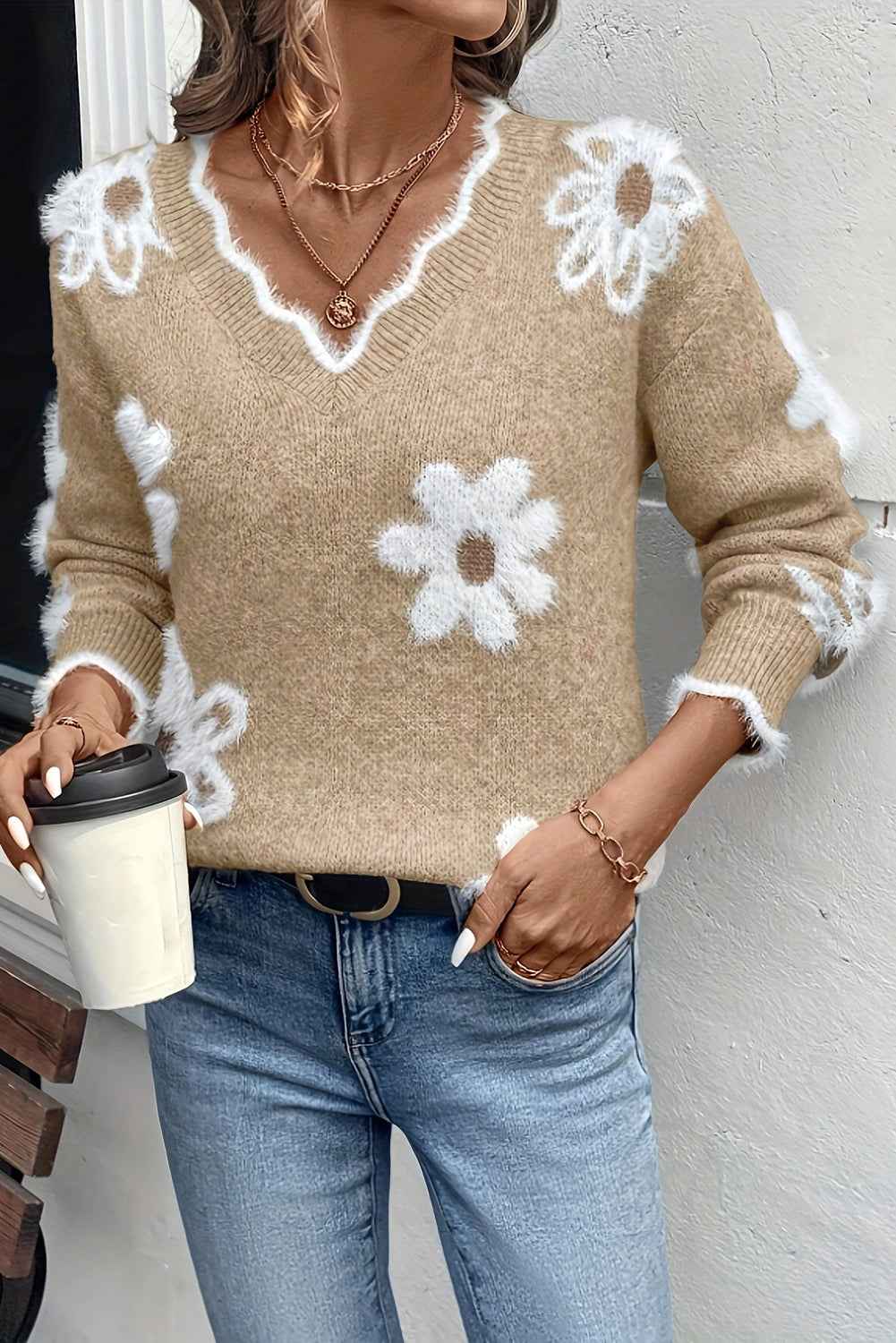 Seagrass Jacquard Floral Scallop V-neck Sweater e377cf7b62061e5e