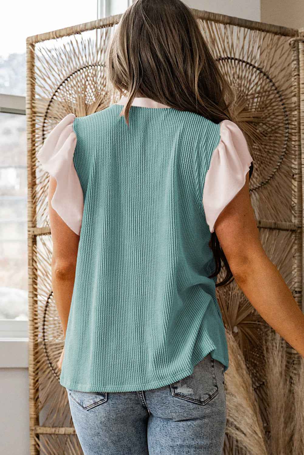 Light Blue Plus Size Contrast Frilled Neckline Ruffled Short Sleeve Ribbed Textured Blouse e379c5fa46c926d7