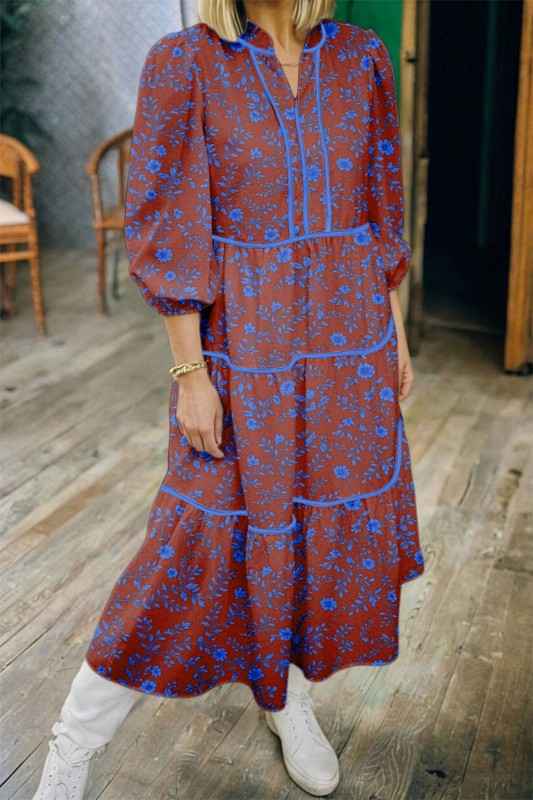 Floral Tiered 3/4 Puff Sleeve Midi Dress Brown e3861bf8-ce93-48c6-9f1e-6440cbbc8c4a
