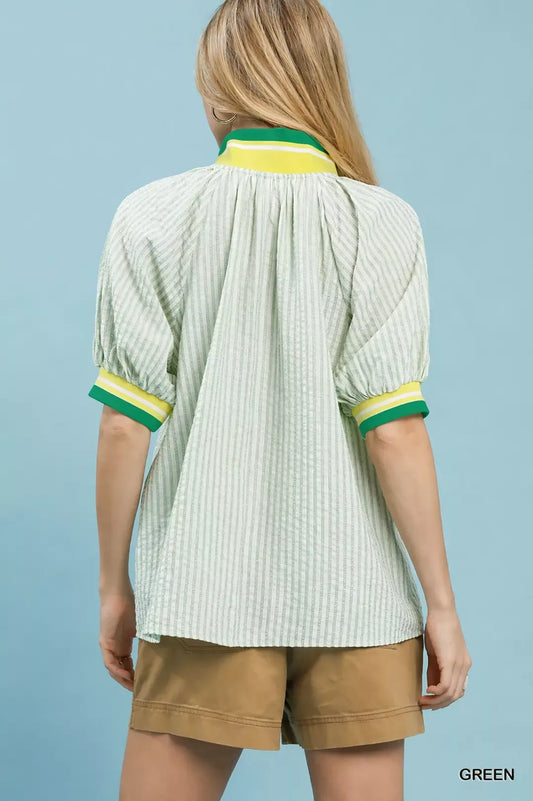 Botanical Print Puff Short Sleeve Blouse with Contrast Collar e386cfa1-6ed4-4583-8e14-eab057a9a775-Max-Origin