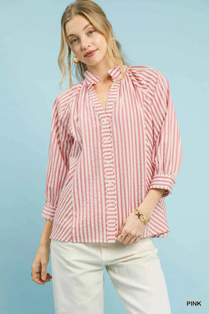 Striped V-Neck Button Down Top PINK e38cb53f-984c-41a9-81d9-94f0977d0f19-Max
