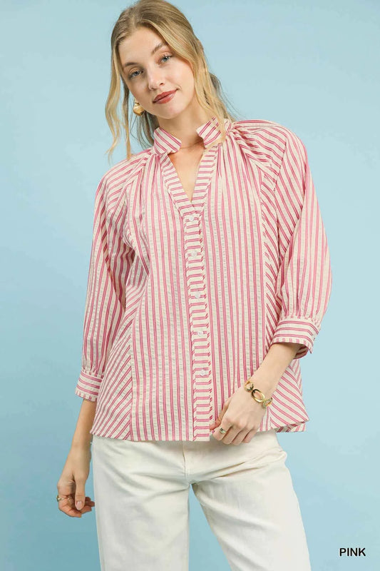 Umgee Striped V-Neck Button Down Top PINK e38cb53f-984c-41a9-81d9-94f0977d0f19-Max