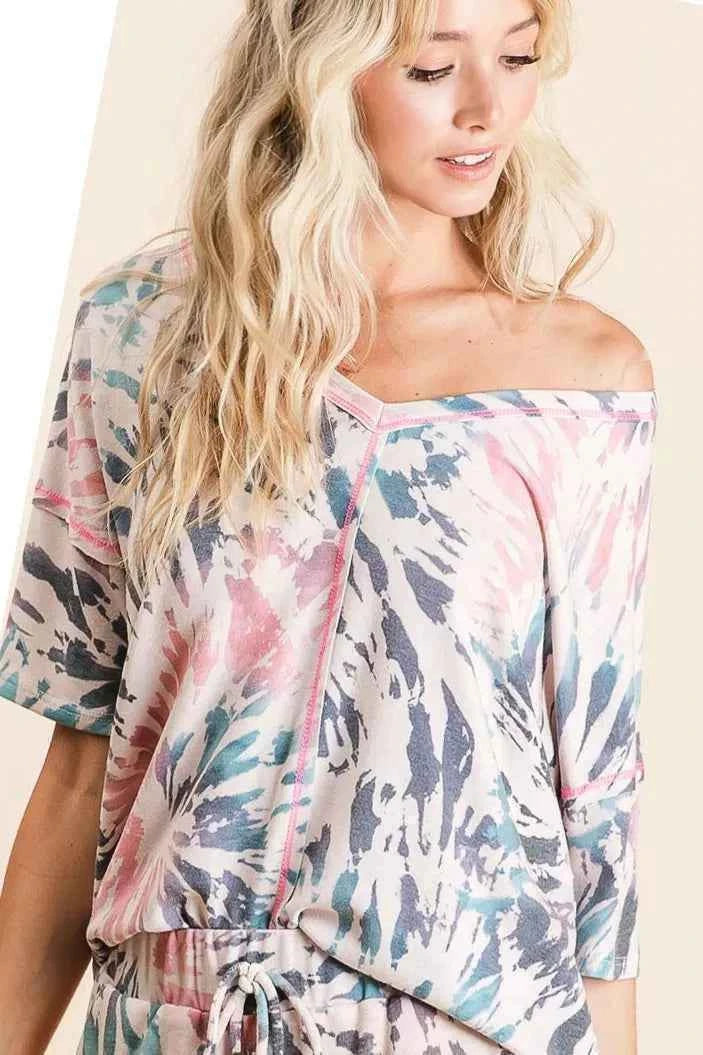 BiBi Tie Dye Print Terry V Neck Top With Contrast e38e521a2b504b9e86ed6d72d8ee8619-Max-Origin
