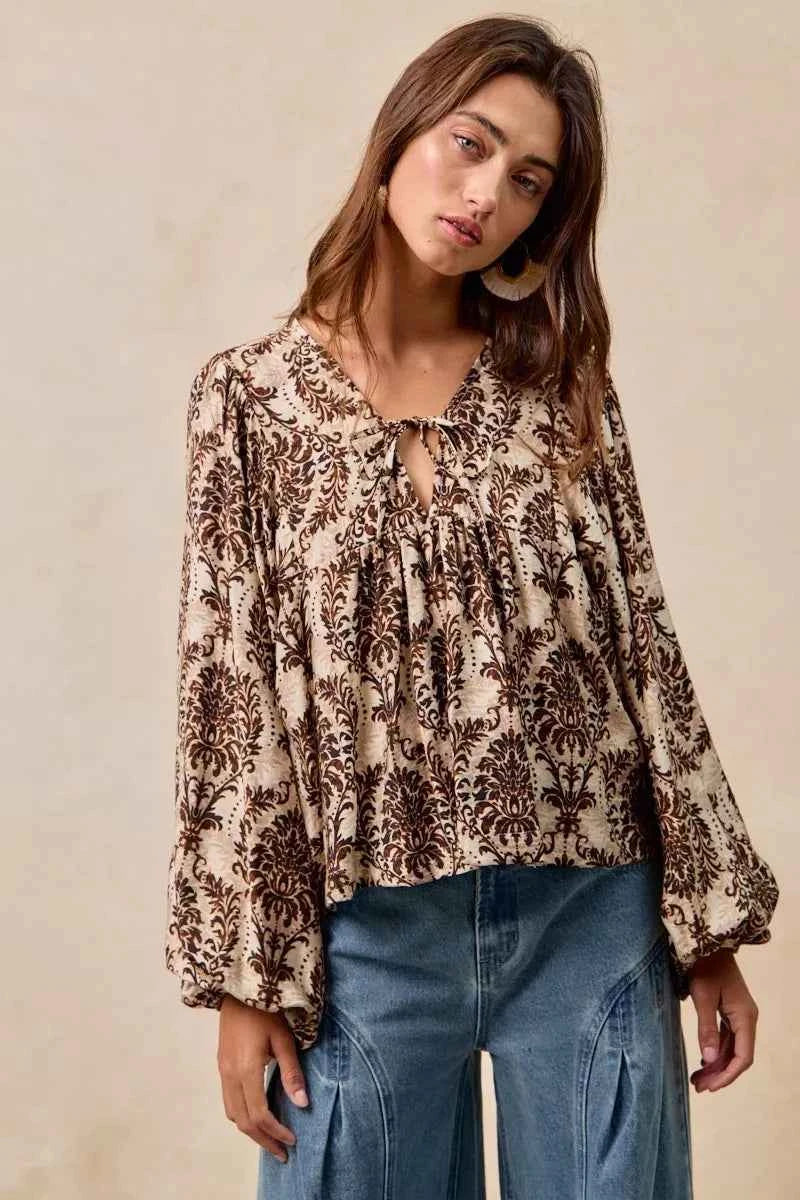 BiBi Printed Woven Front Tied Blouse with Baloon Sleeve e38f18a1392b4bc99c02fafa4242710e-Max-Origin
