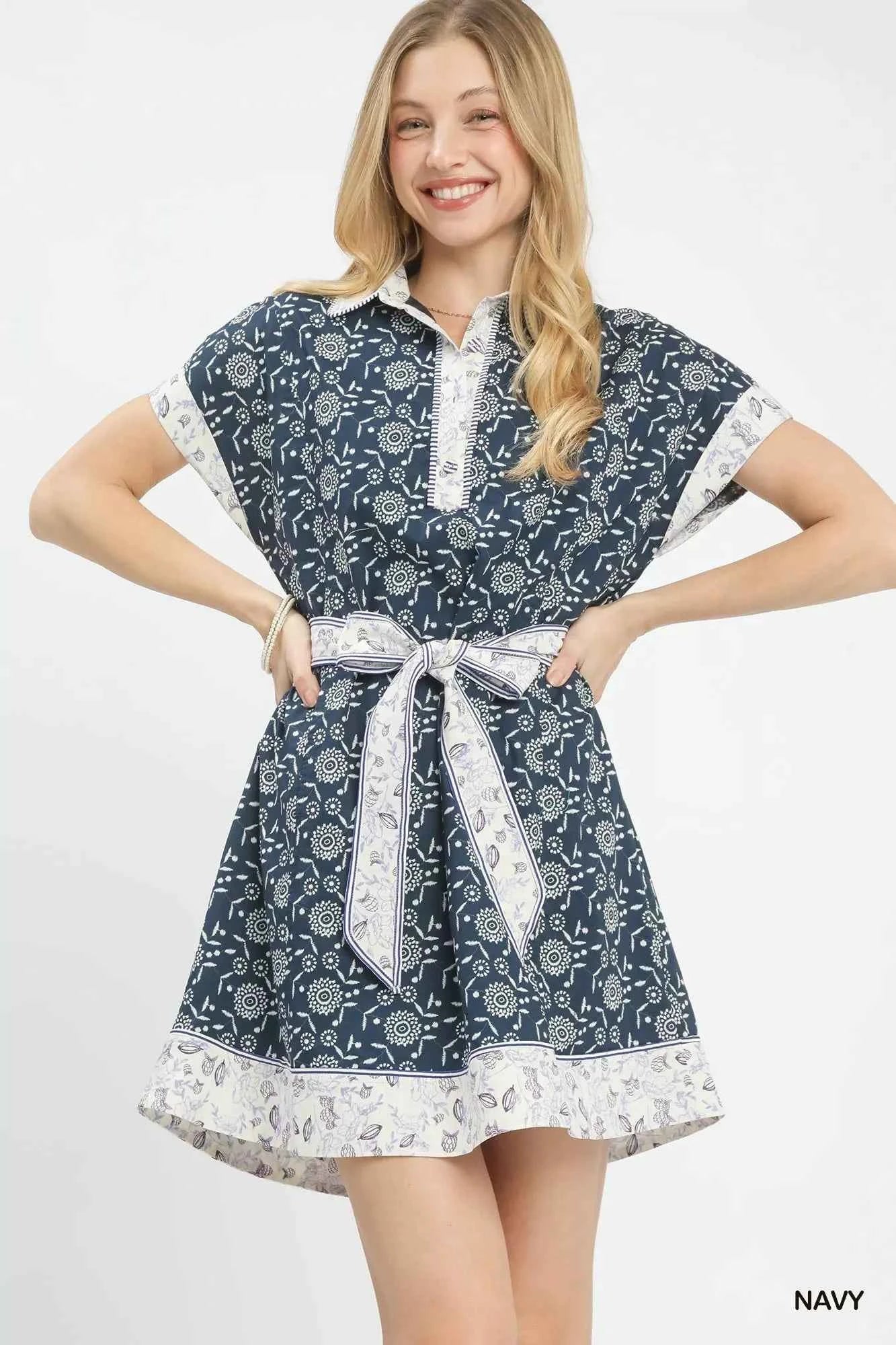 Umgee Border Print Belted Shirt Dress NAVY e394c9e8-4192-4037-bcdd-1f0ce6aae54a-Max-Origin