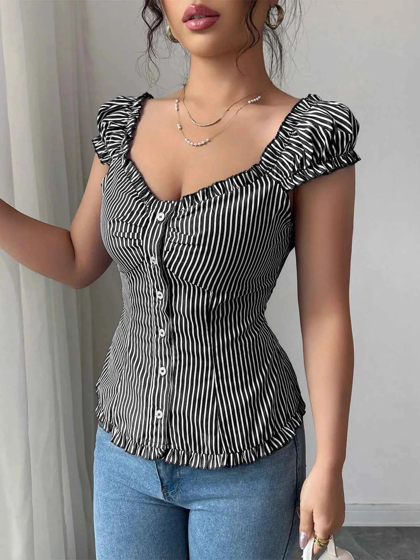 Striped Cap Sleeve Shirt Black e396bd0f4aa845218853823e7576a03c-Max-Origin
