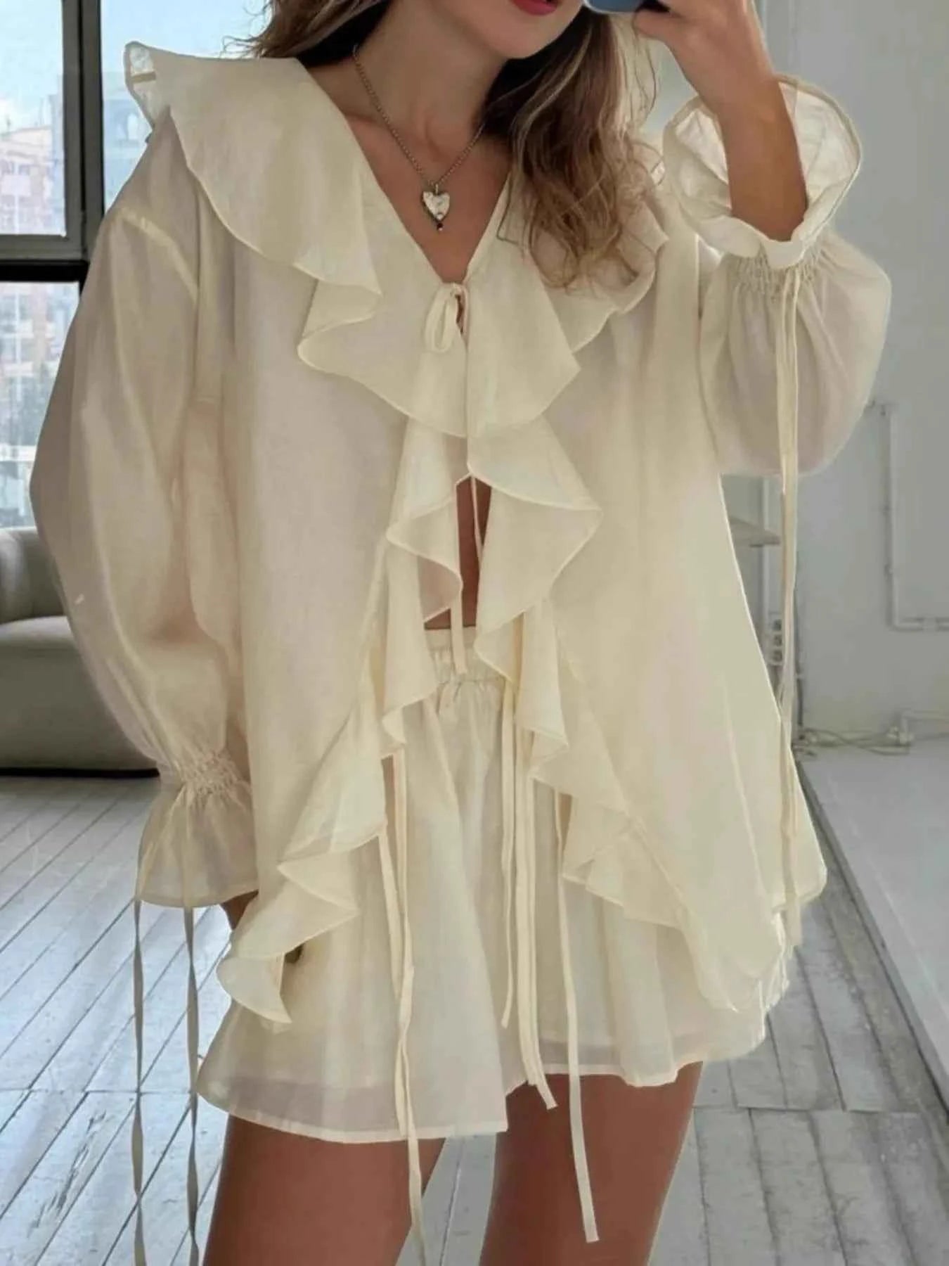 Ruffled Long Sleeve Shirt and Shorts Set e39786e834984f3cae344ffd4ad8cd9b-Max-Origin