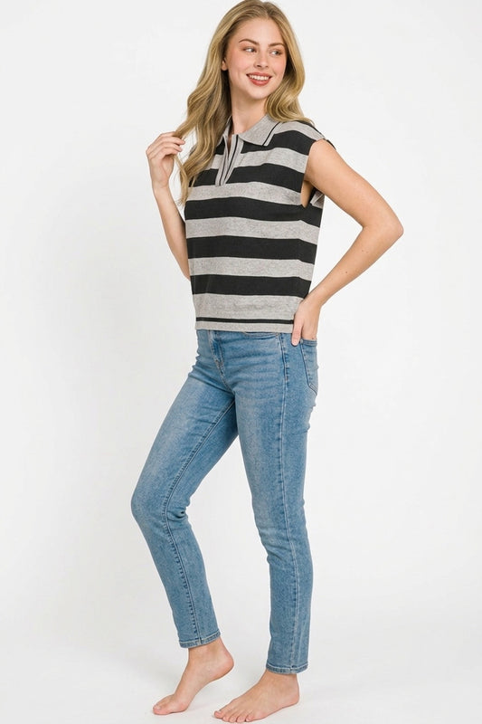 Viscose Striped Collared Sweater Vest e39a501a-1519-4e9d-be2c-0238fd7f6d4c-Max