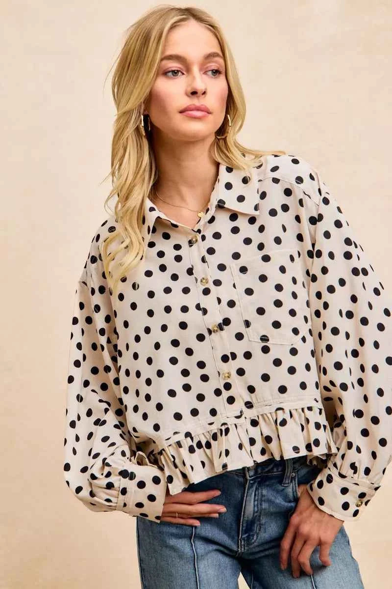 BiBi Crinkle Polka Dot Ruffled Hem Button Up Shirt Top e39ab1764d8a498e8de4bb0ee0dd9d94-Max-Origin