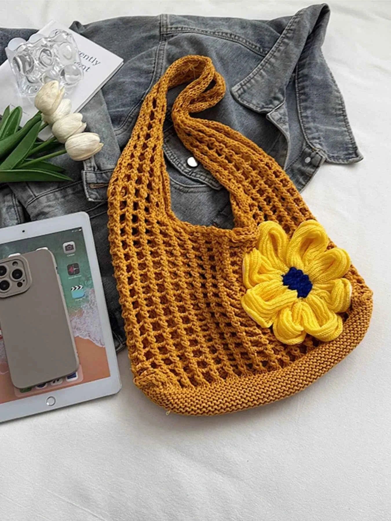 Flower Crochet Shoulder Bag Yellow onesize e39c62d5-b26c-49cd-abb3-a87affec0c74-Max-Origin