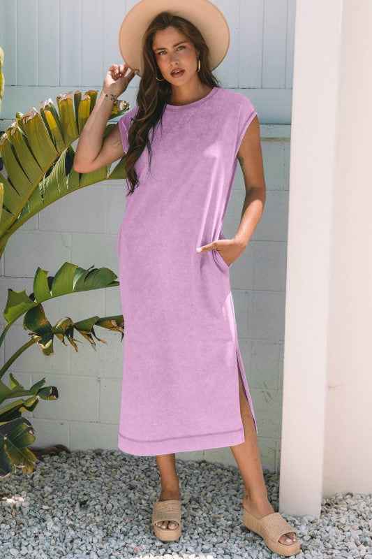 Mineral Wash Pocketed T-shirt Maxi Dress Wisteria e39d3892-ddda-455a-91ac-049b845204b1