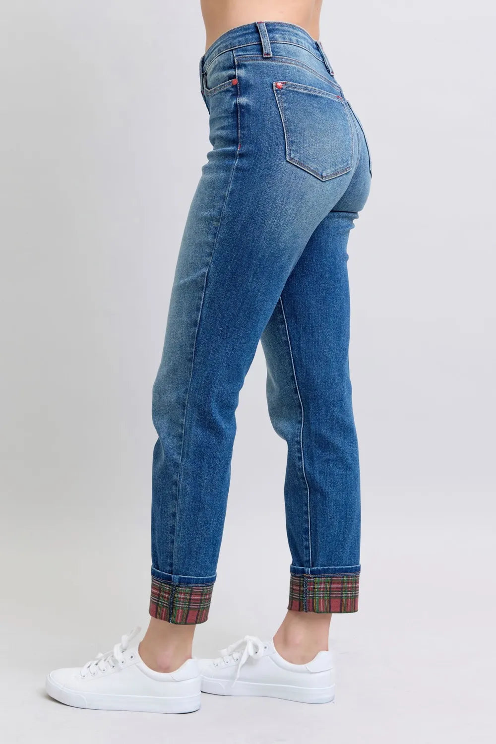 Judy Blue Full Size Plaid Print Cuff Straight Leg Jeans with Pockets e39d6b4d-6af6-417d-97a3-4b5ec96e8f14-Max