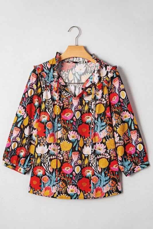 Floral 3/4 Puff Sleeve Tied Neck Blouse e3a4e5fe-e171-49a9-91fb-189c7b89b81d