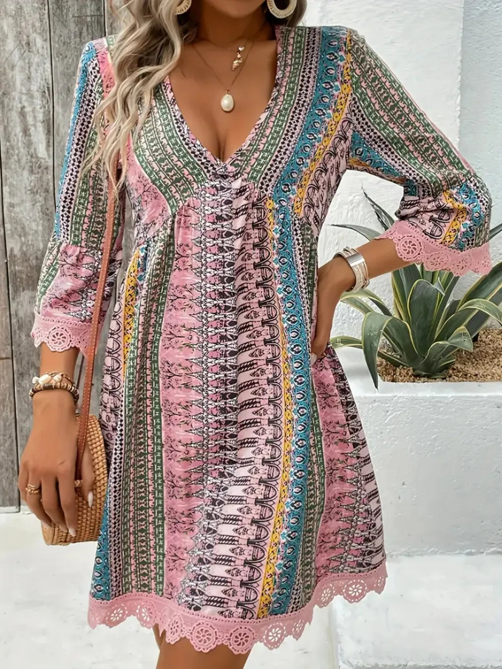Lace Trim Printed V-Neck 3/4 Sleeve Dress Blush Pink e3a7ef7e-97c6-4a9d-9cc7-f623b4bf8781-Max