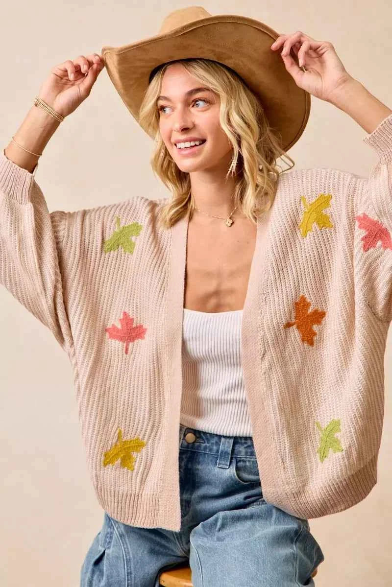 BiBi Two Tone Knit Cardigan with Leaf Patches e3aae02e77dc498796baeaffe0347e7b-Max-Origin