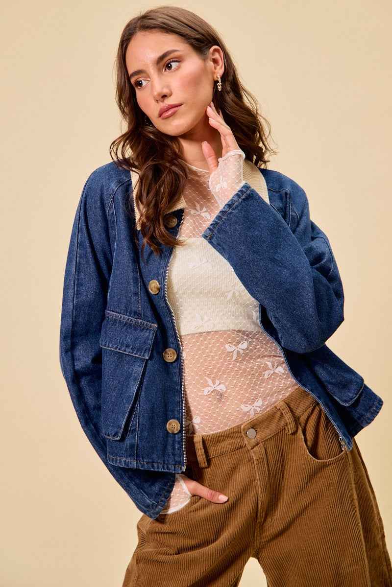 SO ME Zip Up And Buttoned Denim Jacket e3aae9a9-8c3d-495f-802d-22fbb888b900-Max