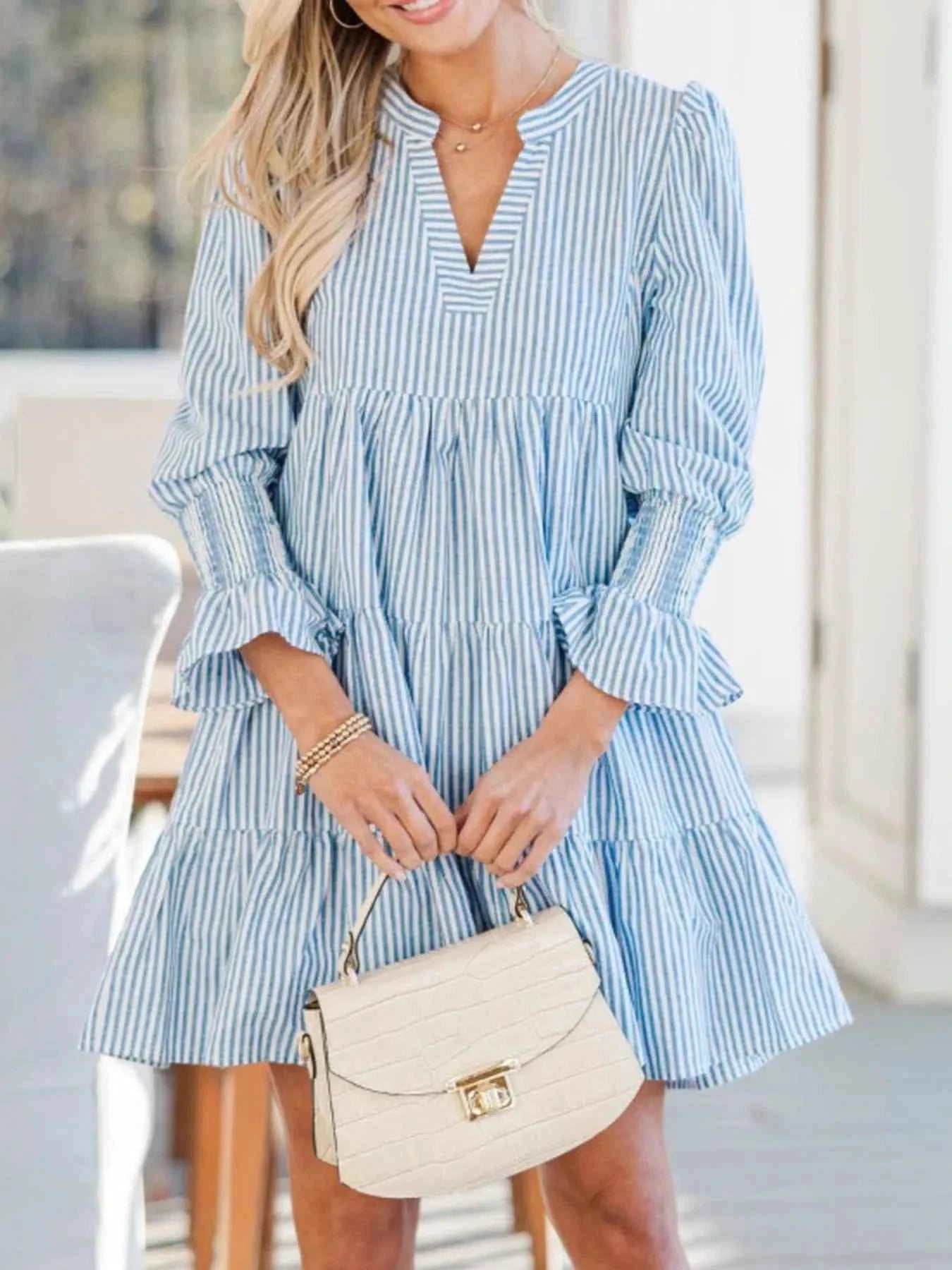 Striped Tiered Flounce Sleeve Shirt Dress Blue e3b07d85-8dd3-43c9-b6ef-71065845b264-Max-Origin