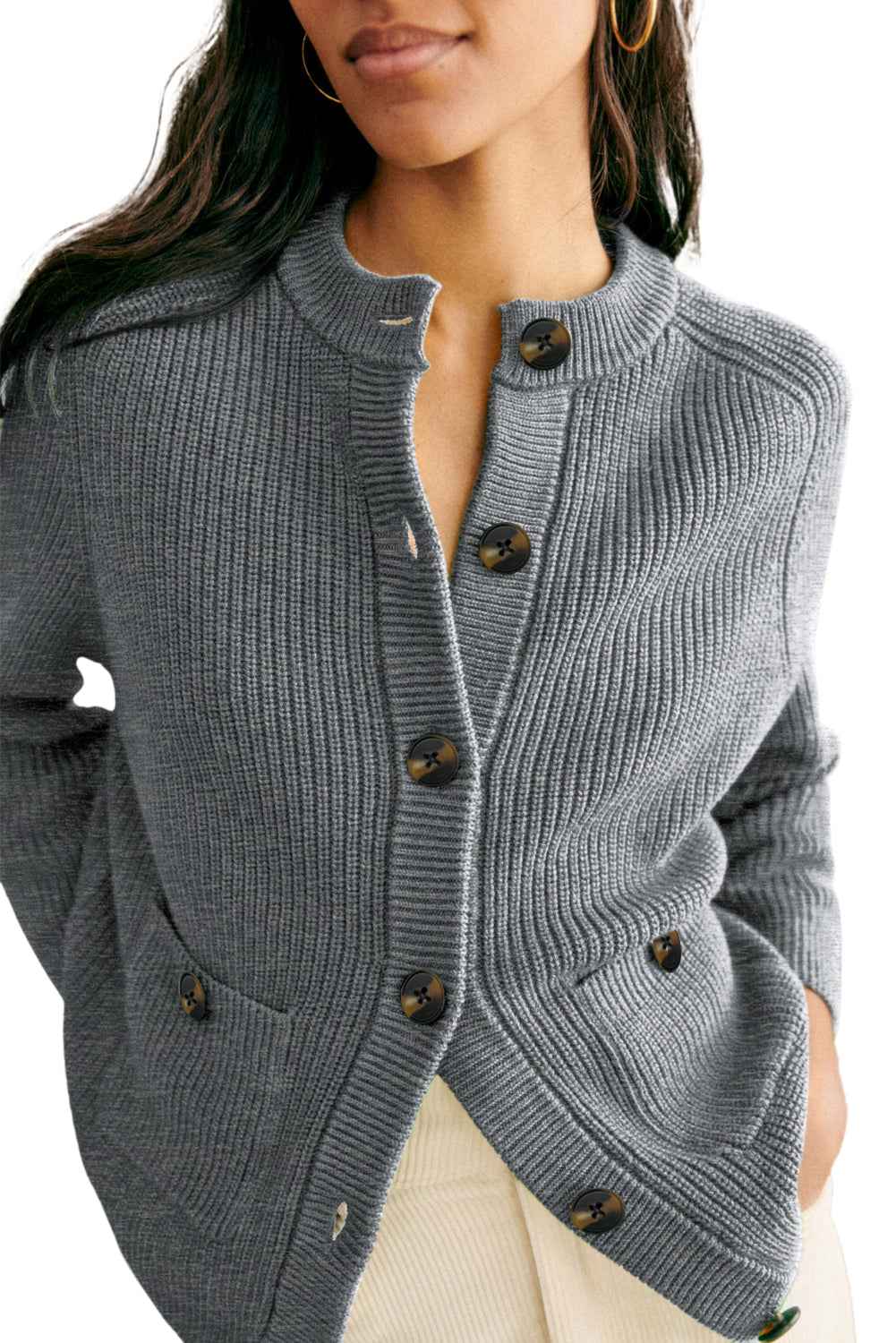 Medium Grey Chunky Buttoned Front Round Neck Cardigan Sweater e3b23c6249147c55