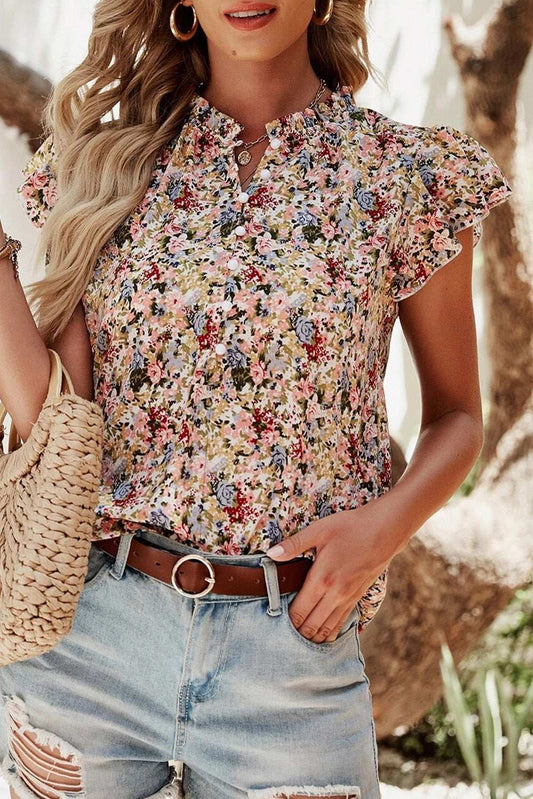 Red Boho Floral Frilled Button Neck Ruffle Short Sleeve Blouse Red e3b4259cf60e556c-_1