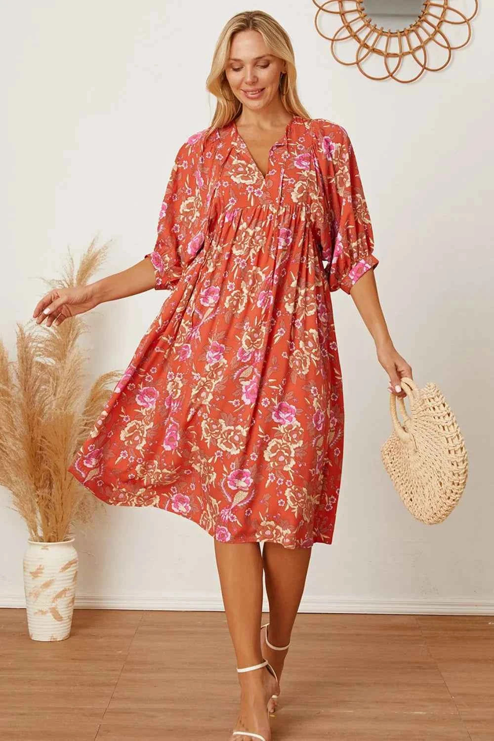Floral Tie Neck Half Sleeve Dress e3b8e921-f5ee-4adb-ba00-8d316b31bac7-Max
