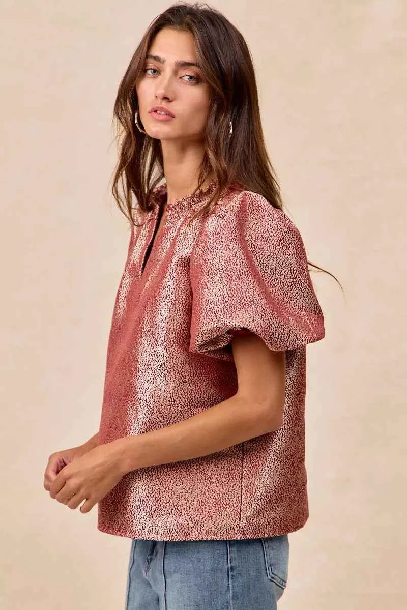 BiBi Jacquard Woven Short Balloon Sleeves V Neck Top e3b9c9b656084d5cbd04d7530b560726-Max-Origin