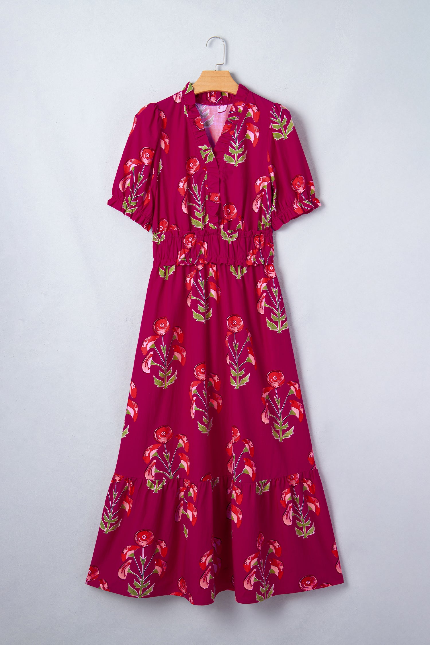 Red Floral Print Frilled V Neck Short Sleeve Ruffle Maxi Dress e3bad808be8ea62c