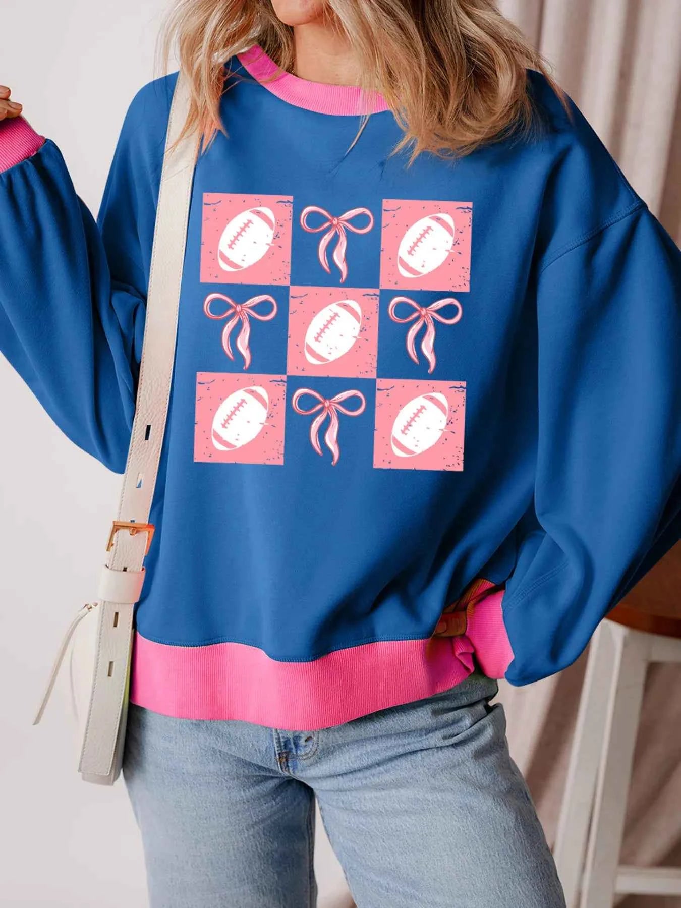 Bowknot Graphic Game Day Contrast Trim Drop Shoulder Casual Sweatshirt Royal Blue e3bbc657a3ca4aa7beb56666cbcf9bd7-Max-Origin