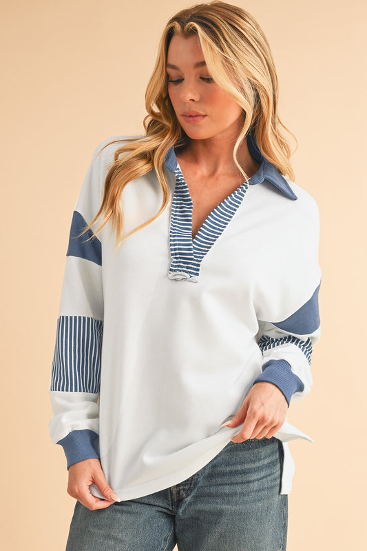 Dark Blue Striped Patchwork Collar Sweatshirt e3bcaa62bc5d3dde