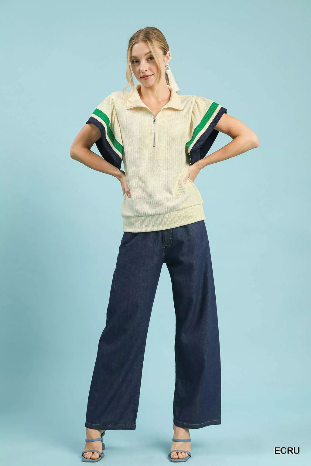 Umgee Textured Half Zip Top with Striped Flutter Sleeves e3c2f251-bde1-4ca0-9e80-9fa9c35a81c1-Max-Origin