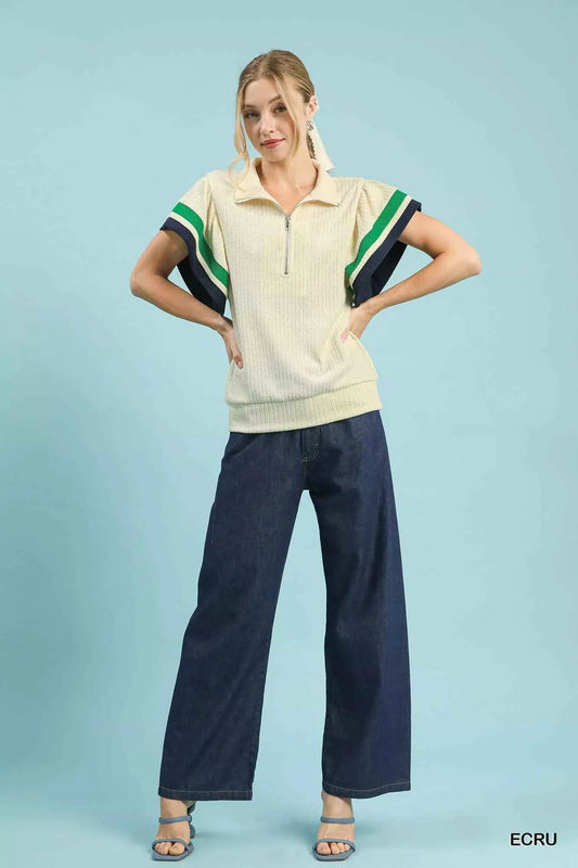 Textured Half Zip Top with Striped Flutter Sleeves e3c2f251-bde1-4ca0-9e80-9fa9c35a81c1-Max-Origin