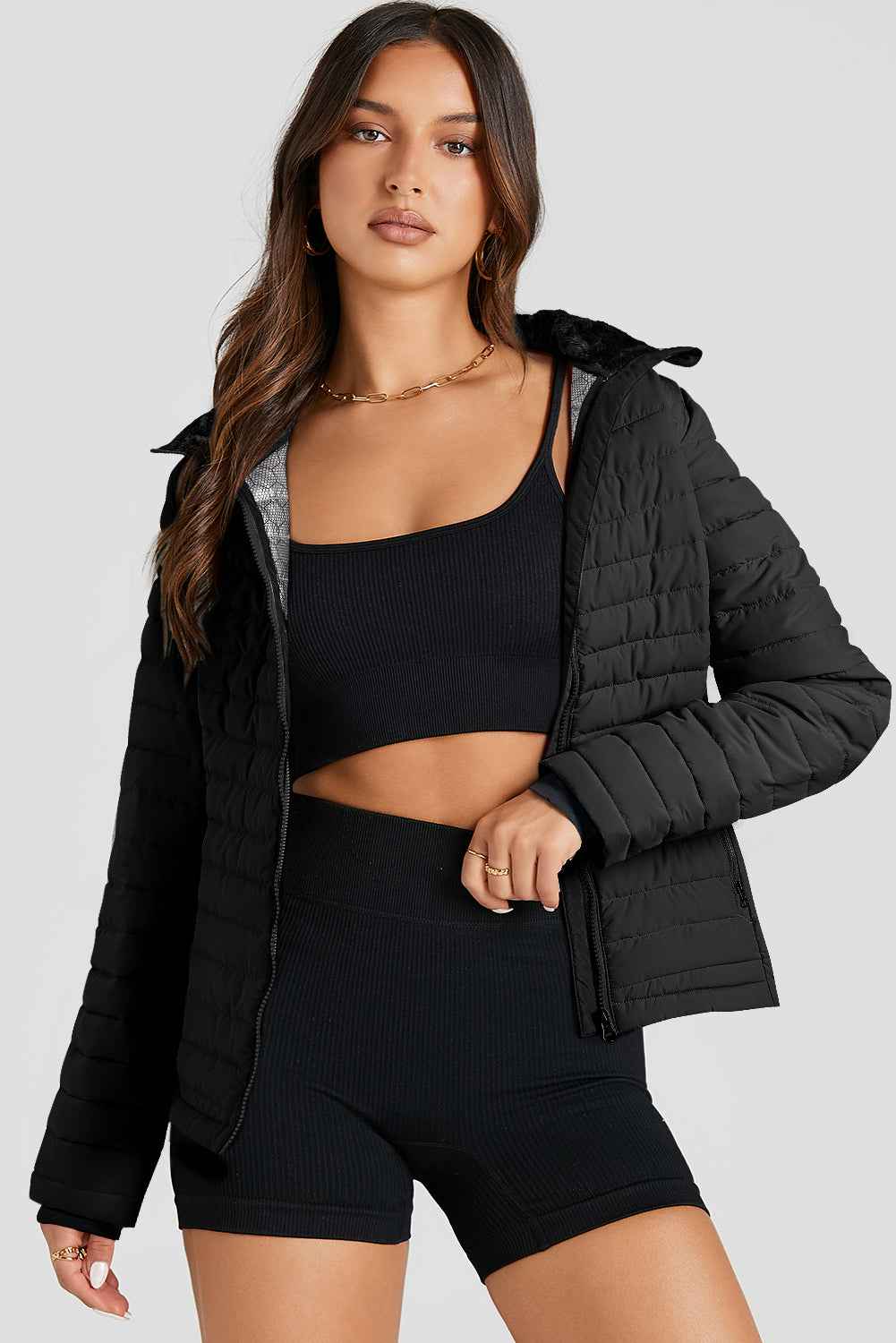 Silvery Solid Color Quilted Zip-up Puffer Jacket e3c4a0661ad1cd49