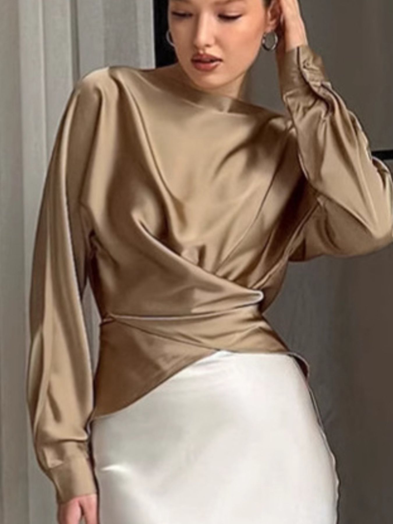 Ruched Long Sleeve Satin Blouse e3c89731-0d3b-4ab8-9700-b6092886525e-Max