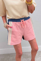 Pink Color Block Patchwork Varsity Striped Detail Drawstring Elastic Waist Shorts Pink 80%Polyester+15%Cotton+5%Elastane e3ca1de4755cb1e1