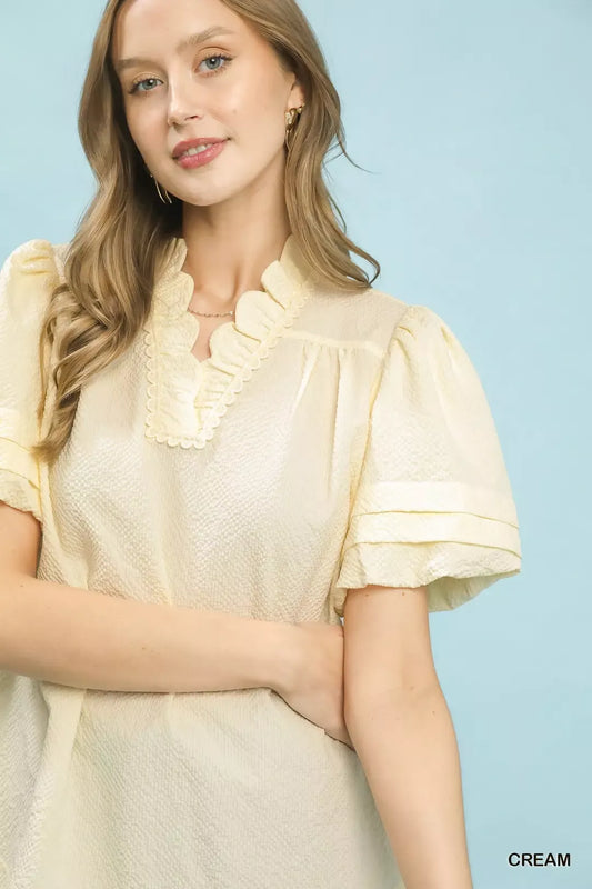 Textured Scallop Trim Puff Sleeve Blouse e3ca4a48-ee26-43f8-b07c-99384179c8dd-Max-Origin