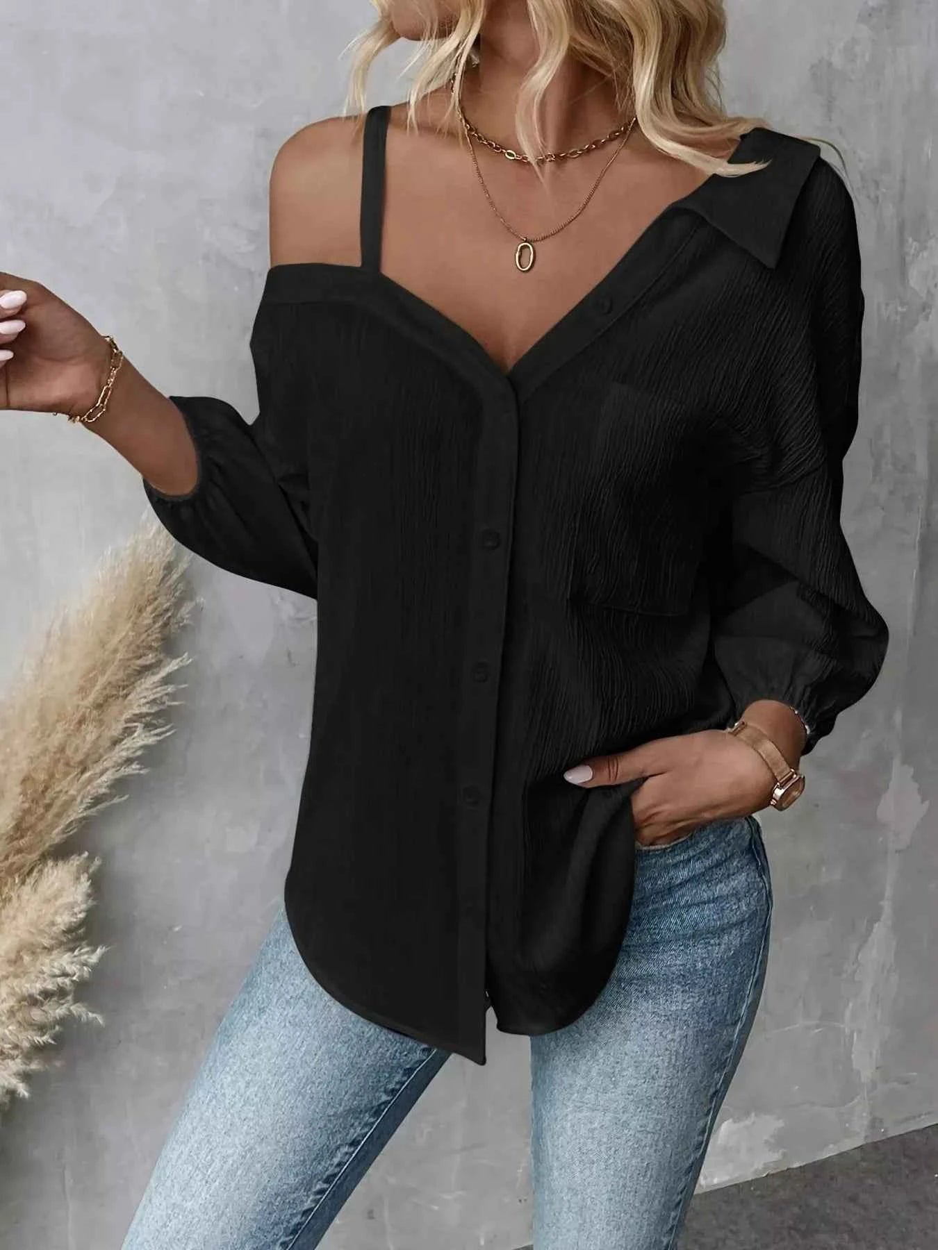 Asymmetrical Cold Shoulder Button Up Shirt