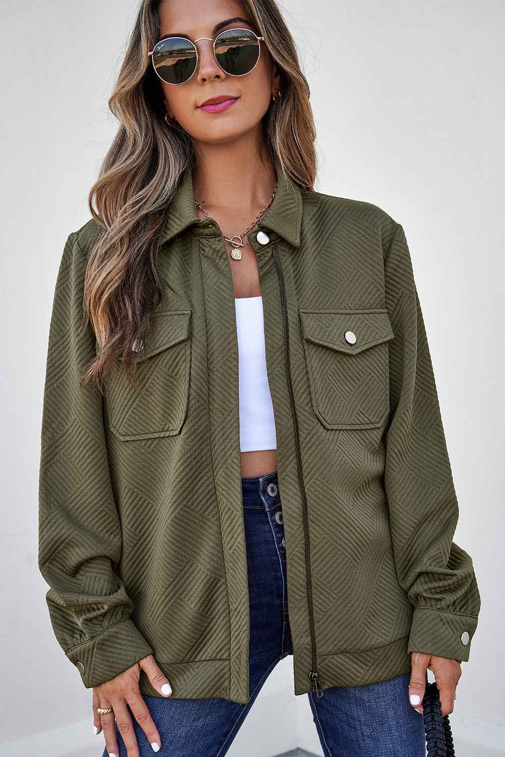 Blackish Green Solid Color Zip Up Button Flap Pocket Shirt Collar Jackets e3d440b47e86ecbe