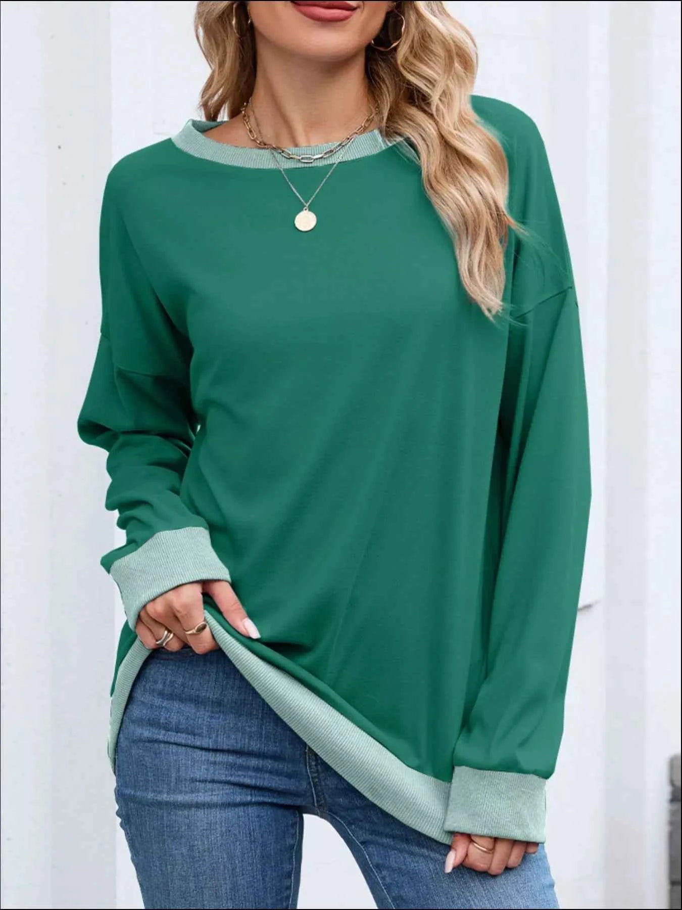 Contrast Trim Long Sleeve Sweatshirt Dark Green e3db3073-e5b7-4ec8-949e-c5e331589fcc-Max-Origin